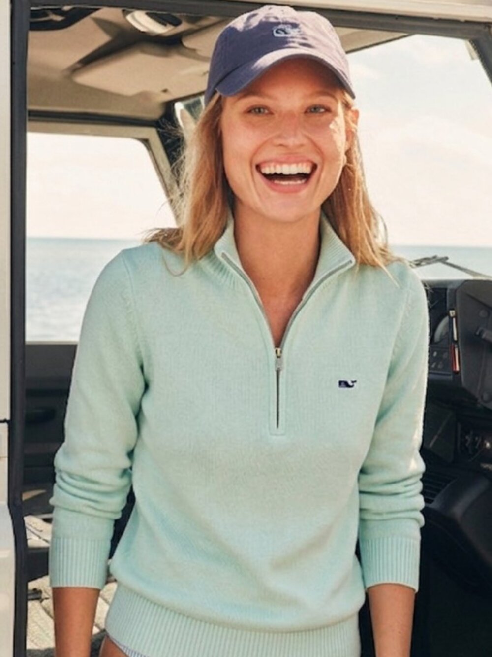 Vineyard Vines Women’s Light Blue Mint Half-Zip Sweater (100% cotton)